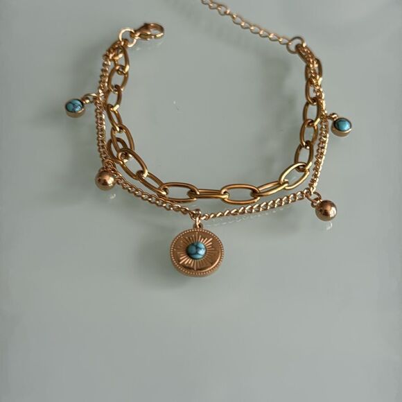 Gold and Turquoise Charm Bracelet A1423 - Picture 4 of 4